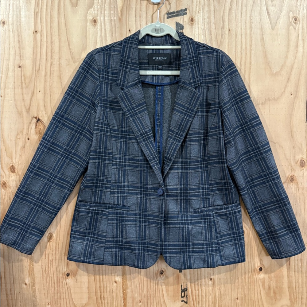 LIVERPOOL women’s Large One Button Plaid Jacket - Blue and Gray. NWOT - Picture 2 of 3